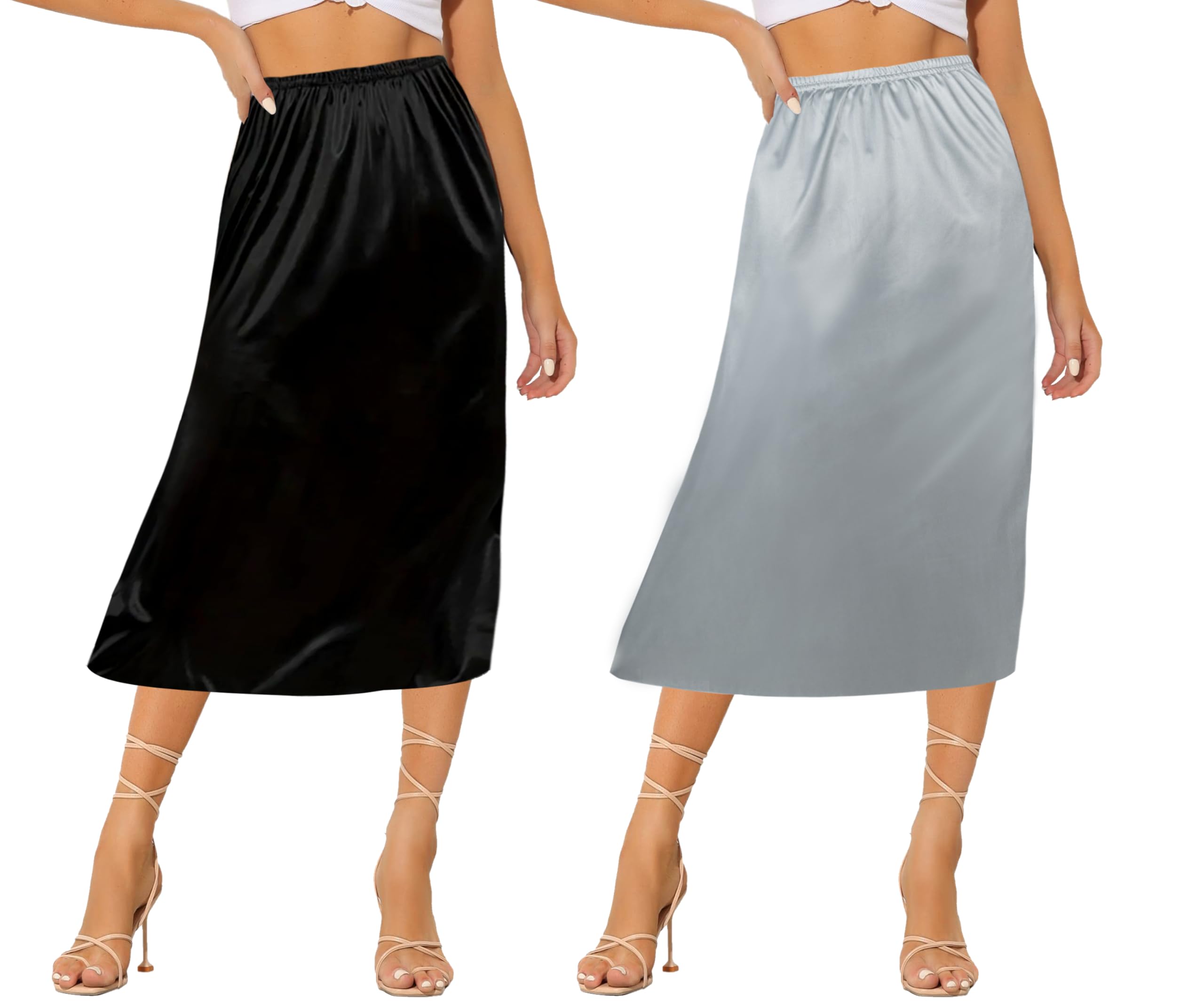 Ellames Women's 2 Pieces Half Slips for Under Dresses Satin Long Underskirt Half Slip Shirt Skirt Extender