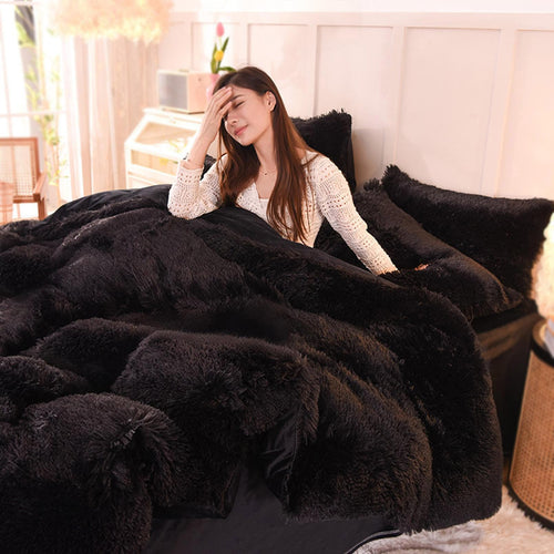 AETVRNI Luxury Plush Shaggy Faux Fur Duvet Cover Set, Super Soft 4 Pieces Dark red Fluffy Comforter Cover Set, Bedding Set(1 Plush Furry Duvet Cover+ 1 Flat Sheet+ 2 Pillow Shams),2,Queen