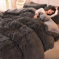 AETVRNI Luxury Plush Shaggy Faux Fur Duvet Cover Set, Super Soft 4 Pieces Dark red Fluffy Comforter Cover Set, Bedding Set(1 Plush Furry Duvet Cover+ 1 Flat Sheet+ 2 Pillow Shams),2,Queen