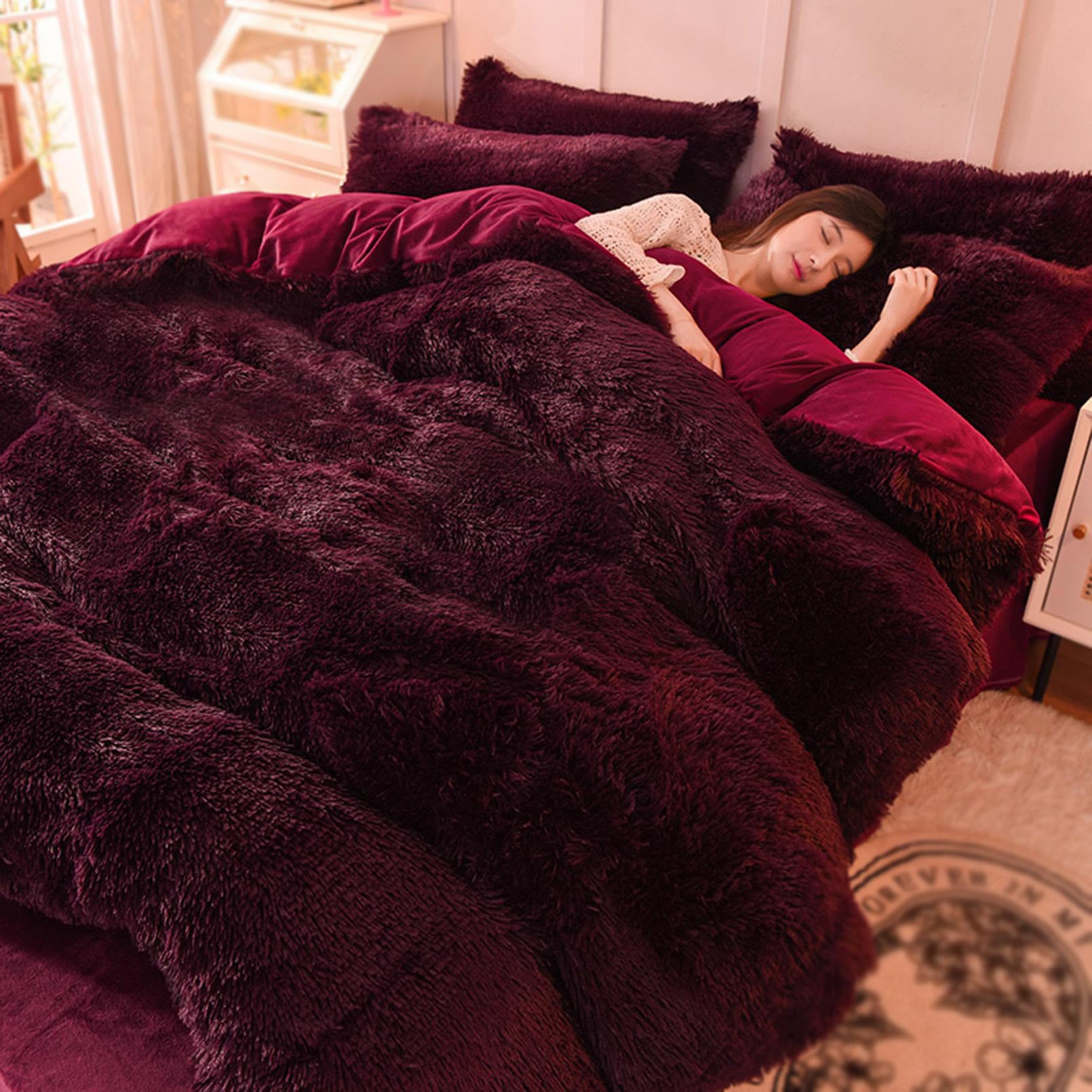 AETVRNI Luxury Plush Shaggy Faux Fur Duvet Cover Set, Super Soft 4 Pieces Dark red Fluffy Comforter Cover Set, Bedding Set(1 Plush Furry Duvet Cover+ 1 Flat Sheet+ 2 Pillow Shams),2,Queen